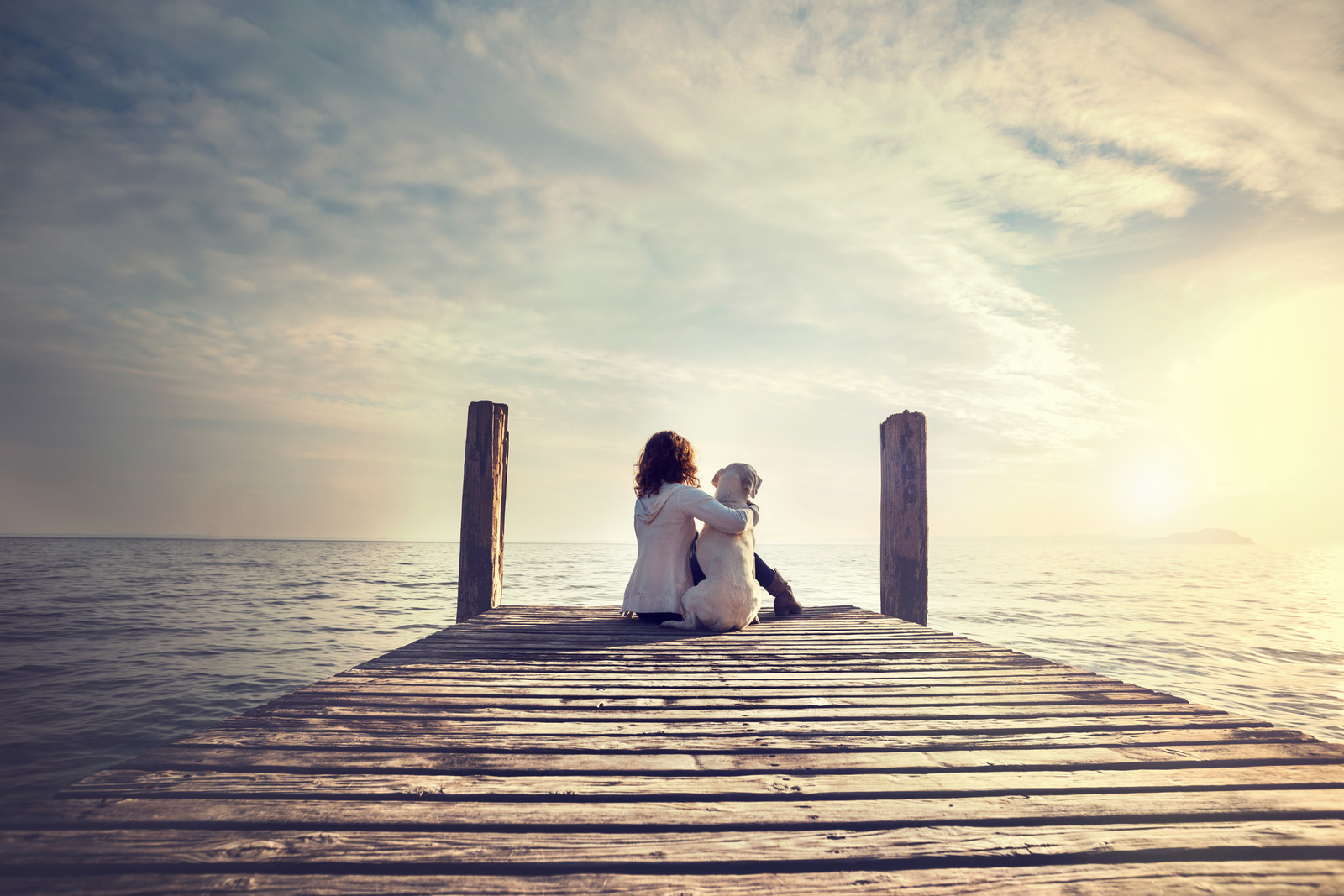 woman embracing sweetly his dog while looking the view
